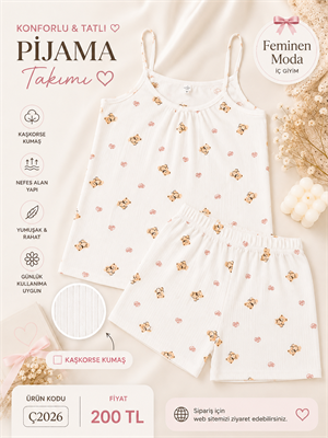 ç2026-kaşkorse kumaş ip askılı şortlu ayıcık pijama takımı-beyaz