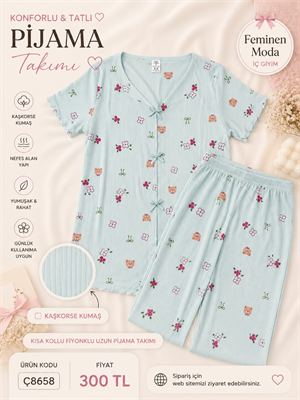 ç8658-kaşkorse kumaş kısa kollu ayıcıklı pijama takımı-yeşil
