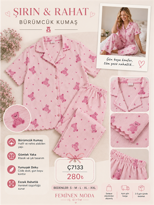 ç7133-bürümcük kumaş gömlek yaka pijama takımı-pembe