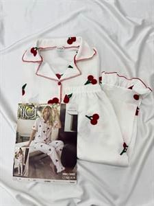 Ç6672 BÜRÜMCÜK KOL KISMI FIRFIRLI KİRAZLI PİJAMA TAKIMI -BEYAZ