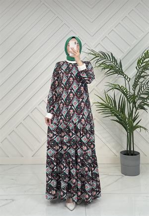 99847-pamuk viskon kumaş-alt kısmı fırfırlı-etnik desenli elbise