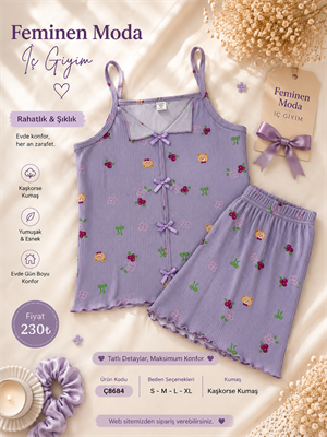 ç8684-kaşkorse kumaş ip askılı şortlu takım-mor