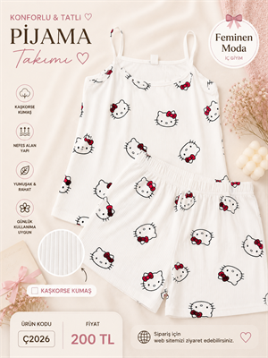 ç2026-kaşkorse kumaş ip askılı şortlu hello kitty pijama takımı-beyaz