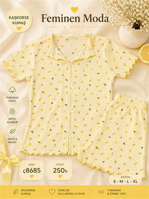 ç8685-kaşkorse kumaş kısa kollu şortlu takım-sarı 