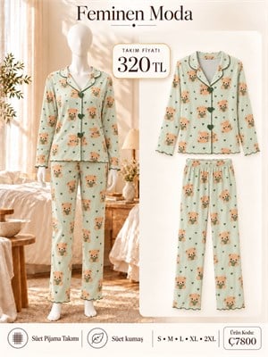 ç7800-süet kumaş gömlek yaka pijama takımı-su yeşili 