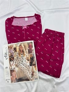 ç8691-Kaşkorse  kumaş gömlek yaka uzun kollu kirazlı  pijama takımı  - bordo