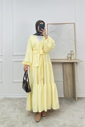 2113-maria kumaş önü bağlamalı etekli takım-sarı