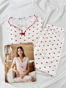 ç1019-jakarlı viskon kumaş gömlek yaka pijama takımı-beyaz