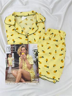 ç6667-bürümcük kumaş şortlu limonlu pijama takımı-sarı