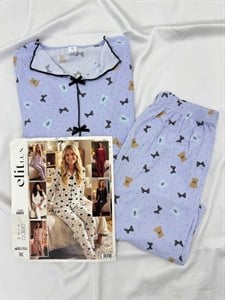 ç8691-Kaşkorse  kumaş gömlek yaka uzun kollu fiyonklu   pijama takımı  - lila
