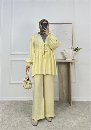 9133-modal kumaş büzgülü bağlamalı pantolonlu takım-sarı