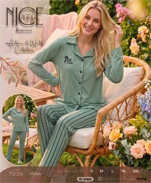 ç7339-milan kumaş gömlek yaka pijama takımı-su yeşili
