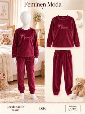 ç9321-kadife kumaş uzun kol çocuk  pijama takımı-bordo