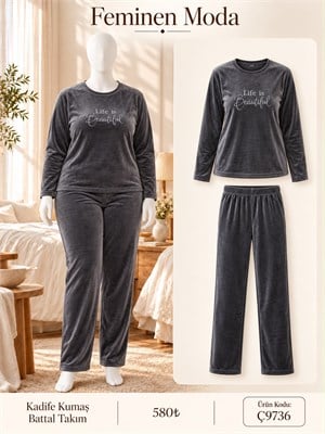 ç9736-battal boy kadife kumaş uzun kol pijama takımı-füme