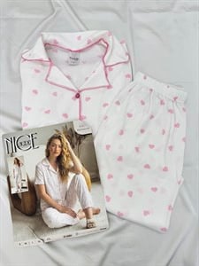 ç6901-bürümcük kumaş gömlek yaka kısa kollu pijama takımı-beyaz
