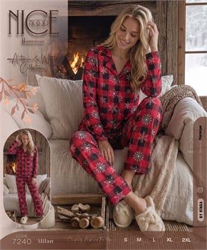 ç7240-milan kumaş gömlek yaka pijama takımı-kırmızı
