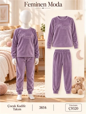 ç9321-kadife kumaş uzun kol çocuk  pijama takımı-mürdüm