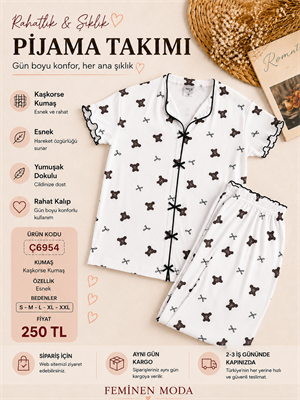 ç6954-raporlı kısa kol gömlek yaka ayıcıklı pijama takımı-beyaz