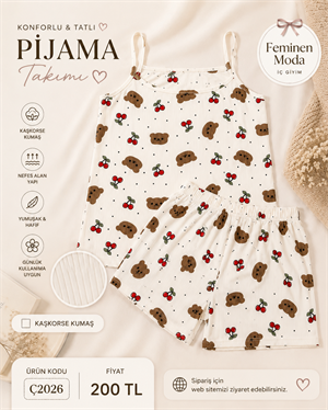 ç2026-kaşkorse kumaş ip askılı şortlu ayıcık desenli  pijama takımı-beyaz