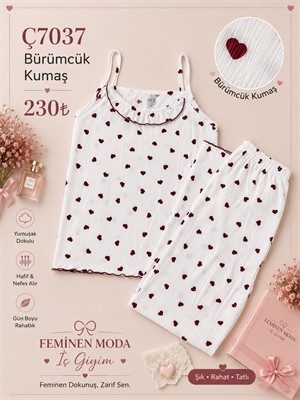 ç7037-bürümcük kumaş ip askılı kalpli pijama takımı-beyaz