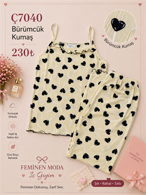 ç7040-bürümcük kumaş ip askılı pijama takımı-sütlü kahve  