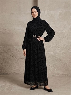 0300-flok baskılı tül elbise-siyah