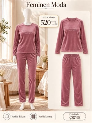 ç8736-kadife kumaş uzun kol pijama takımı-pembe