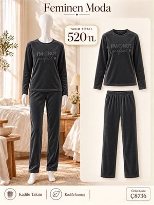 ç8736-kadife kumaş uzun kol pijama takımı-füme