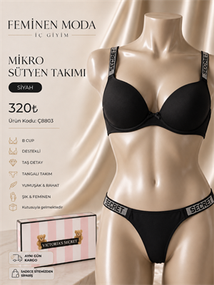 ç8803-destekli askıları taş sütyen takımı-siyah(kutulu ürün)