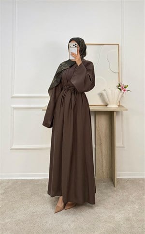 3679-modal kumaş belden bağlamalı elbise-acı kahve  