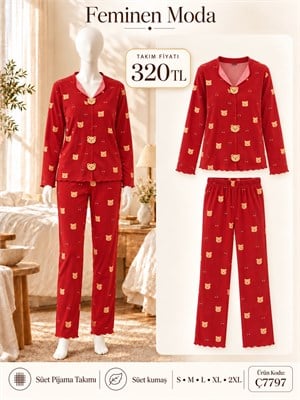 ç7797-süet kumaş gömlek yaka pijama takımı-bordo