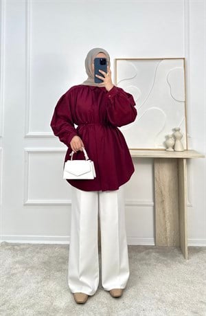 8264-çilek kumaş balon kol bağlamalı gömlek-bordo