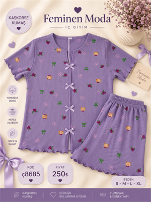 ç8685-kaşkorse kumaş kısa kollu şortlu takım-mor