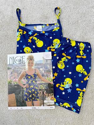 ç6603-milan kumaş tweety şortlu pijama takımı-lacivert