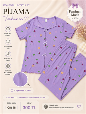 ç8658-kaşkorse kumaş kısa kollu ayıcıklı pijama takımı-mor