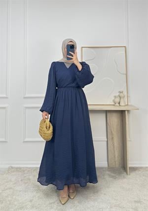 0937-organze kumaş lastikli önü çapraz elbise-lacivert