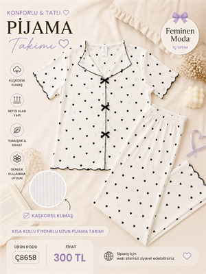 ç8658-kaşkorse kumaş kısa kollu kalpli pijama takımı-beyaz