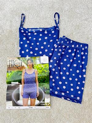 ç6614-milan kumaş papatyalı şortlu pijama takımı-lacivert