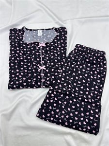 ç8691-Kaşkorse  kumaş gömlek yaka uzun kollu love  pijama takımı kalpli -siyah