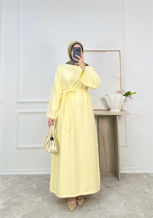 0183-tencel kumaş kuşaklı düz elbise-sarı