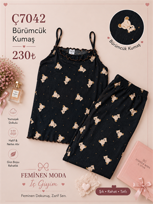 ç7042-bürümcük kumaş ip askılı pijama takımı-siyah
