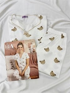 ç1055-jakarlı viskon kumaş gömlek yaka pijama takımı-beyaz
