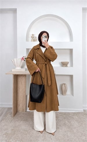 6697-süet kumaş bağlamalı uzun trenç-taba