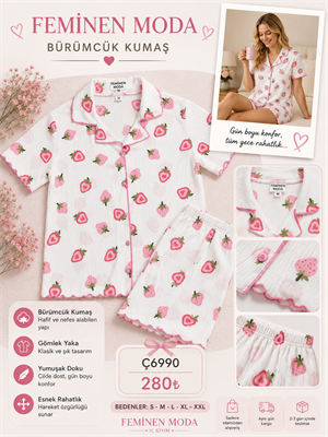 ç6990-bürümcük kumaş gömlek yaka şortlu pijama takımı-beyaz
