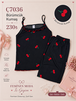 ç7036-bürümcük kumaş ip askılı kirazlı pijama takımı-siyah
