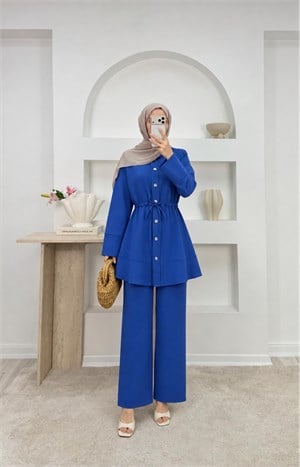 1319-ayrobin kumaş beli büzgülü pantolonlu takım-mavi