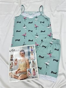 ç0010-milan kumaş şortlu ip askılı flamingo  pijama takımı-su yeşili 