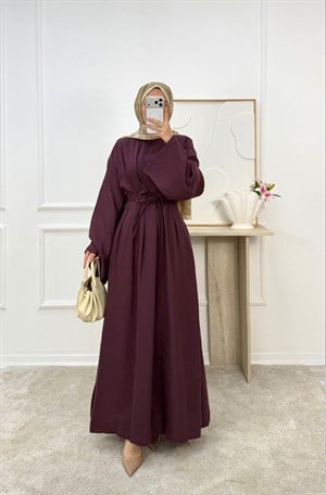 3679-modal kumaş belden bağlamalı elbise-bordo