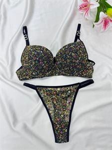 Ç367 DESTEKLİ  ÇİÇEK DESENLİSÜTYEN TAKIMI-SİYAH