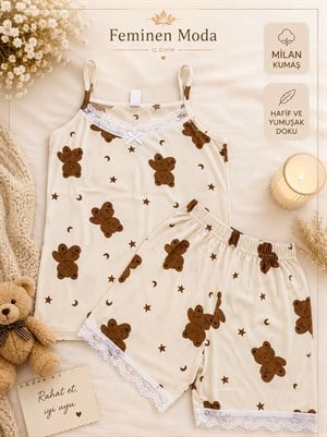 ç0010-milan kumaş şortlu ip askılı ayıcıklı pijama takımı-krem